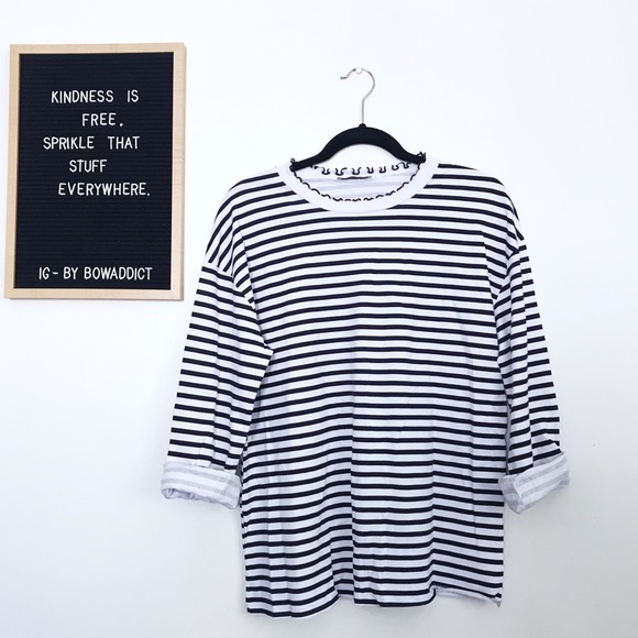 Zara Tops - [Zara] Striped Oversized Ruffle Neckline Shirt